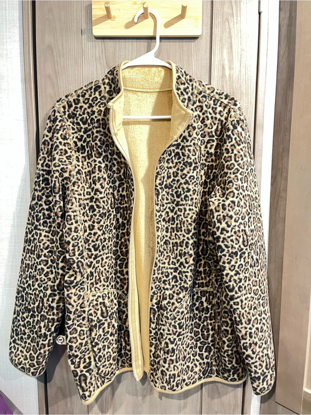 Leopard Print Reversible Women's Fleece Jacket - Beige/Black